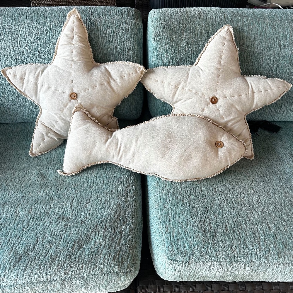 3 Decorative Pillows, 2 starfish, 1 fish.